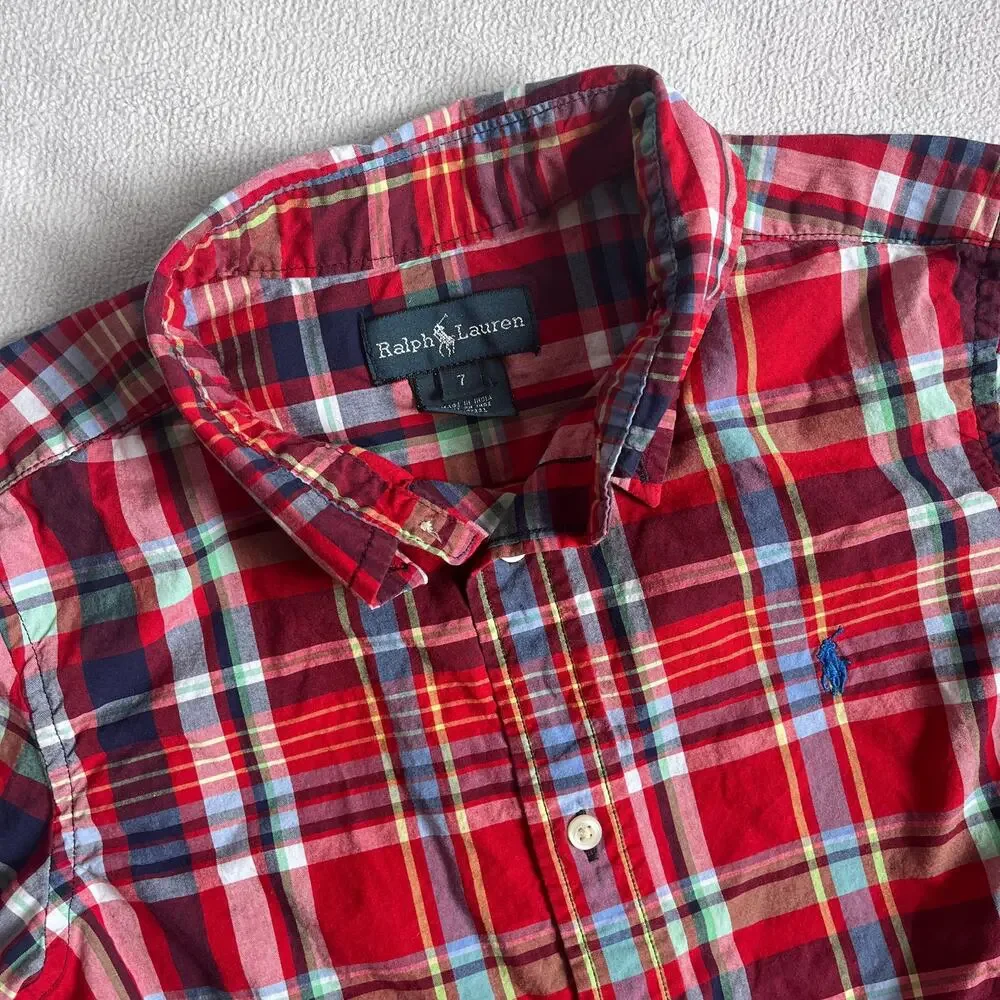 Ralph Lauren Button Down Shirt Size Boy's 7 Red Festive Holiday
